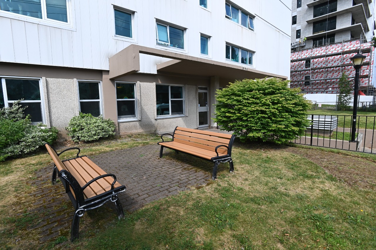The shared courtyard near the front entrance has two park benches and several bushes and shrubs along the brick walkway