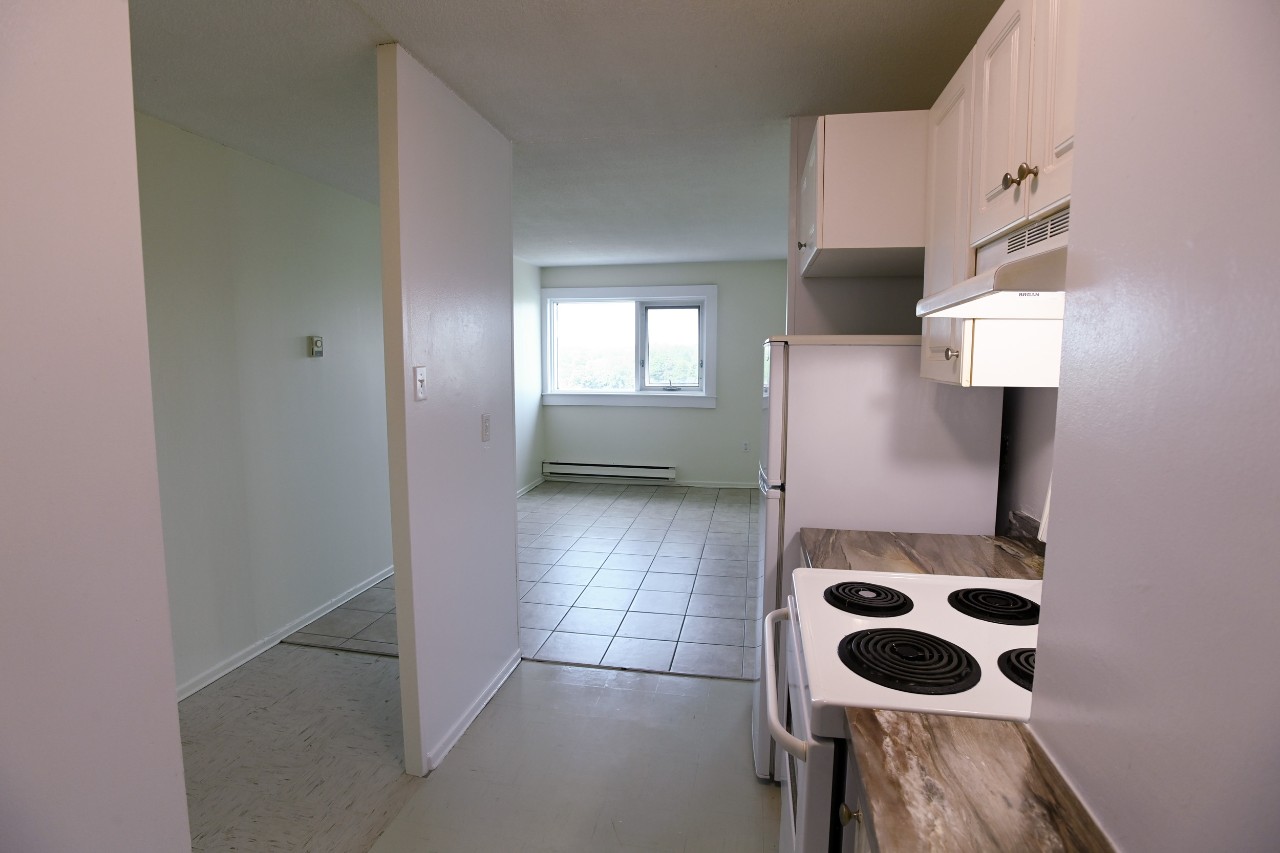 The view from inside the kitchen toward the living room in a one-bedroom unit
