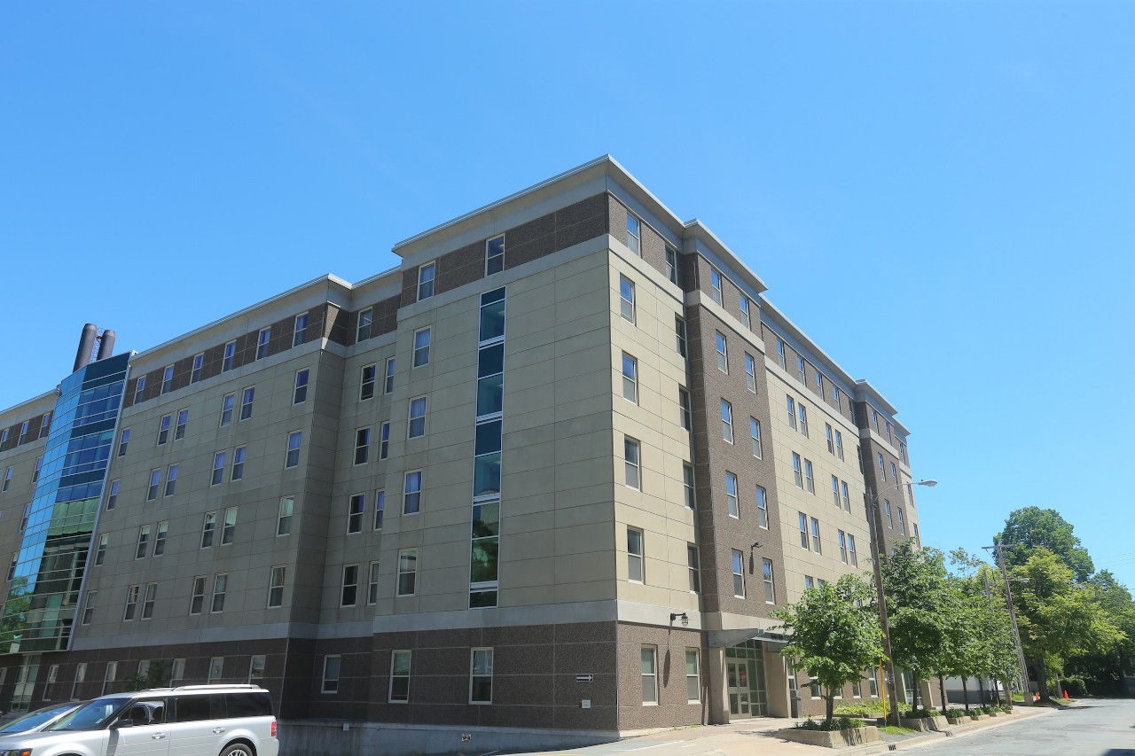 Risley Hall exterior photo, showing the front corner from LeMarchant Street