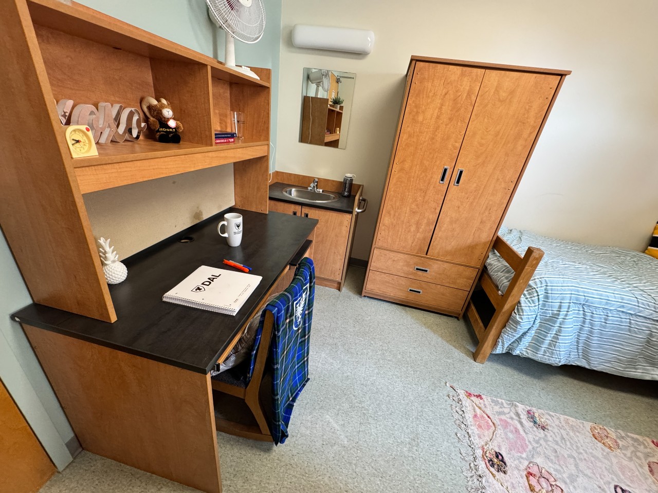 One side of a double room in Risley Hall, with a bed, wardrobe, desk, and sink.