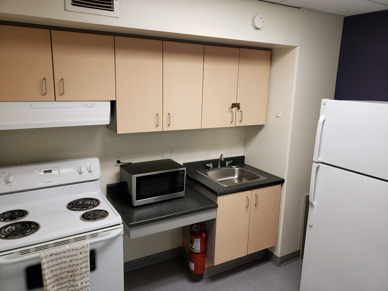 A common kitchen in Risley Hall, with full fridge, stove and oven, microwave, and sink.