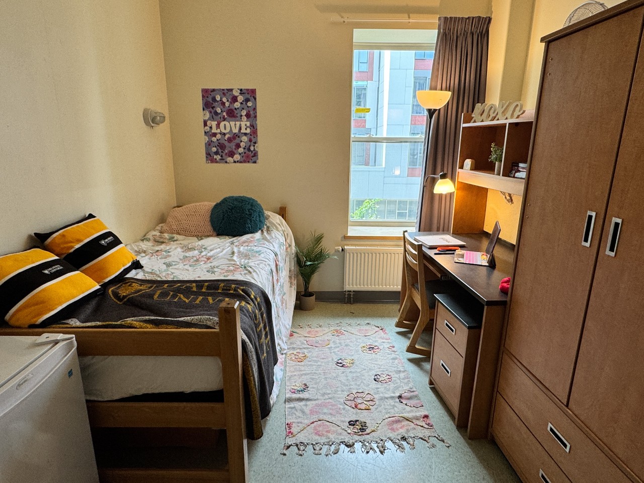 A single room in Risley Hall with an adjustable bed, desk, wardrobe, and a mini fridge. 