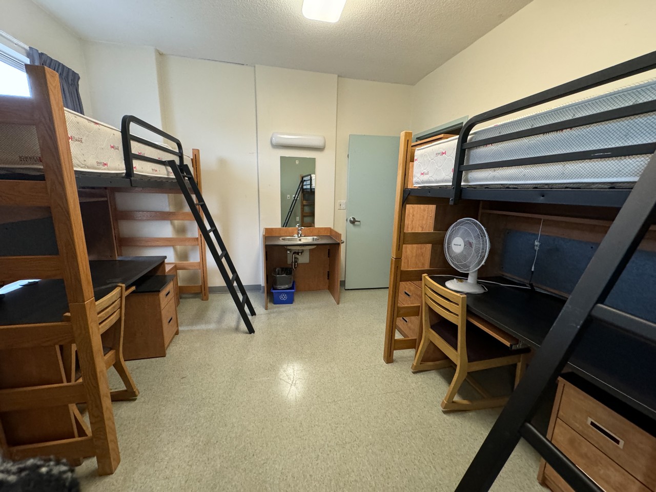 A loft double room in Risley Hall, with two loft-style beds with a desk underneath, ladder, and bed on top. There is also a shared sink.