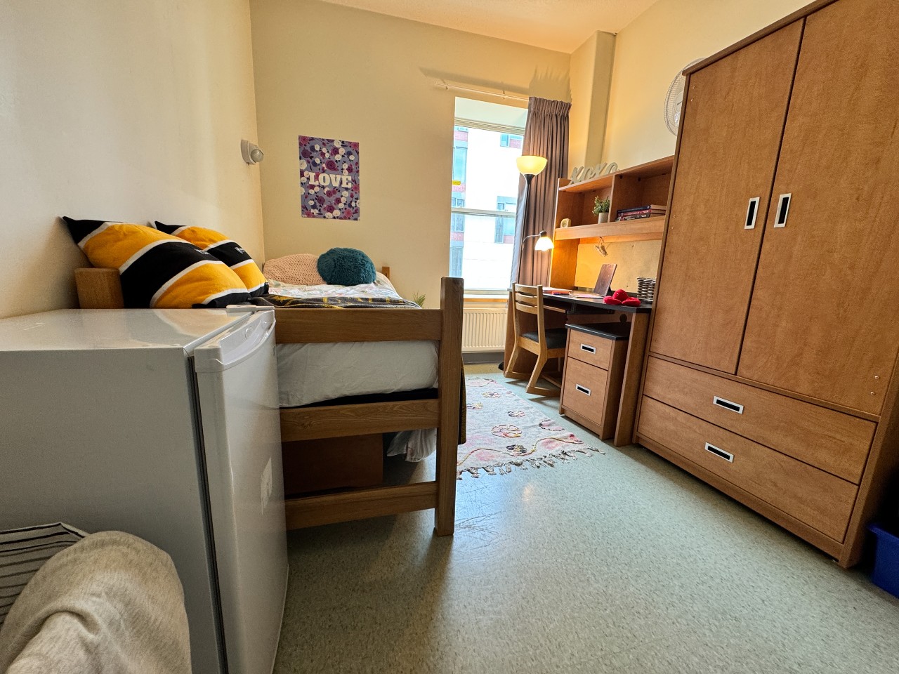 A single room in Risley Hall with an adjustable bed, desk, wardrobe, and a mini fridge. 