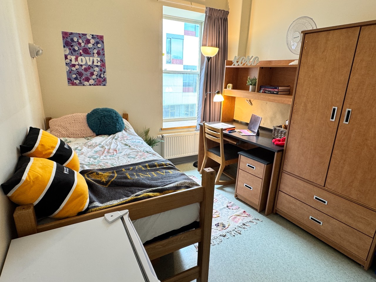 A single room in Risley Hall with an adjustable bed, desk, wardrobe, and a mini fridge. 
