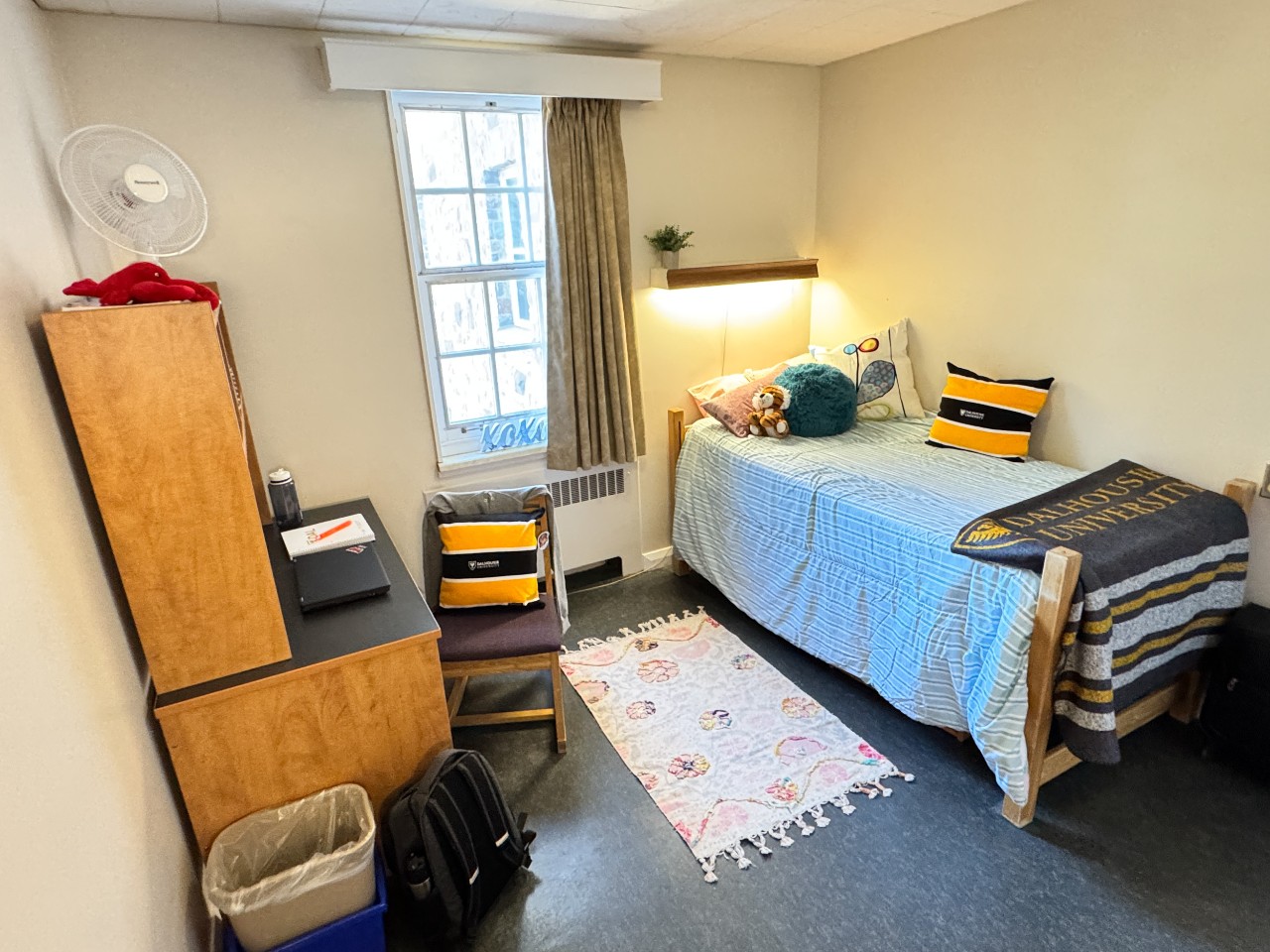 This single room features an adjustable height bed, desk, and dark grey floors.