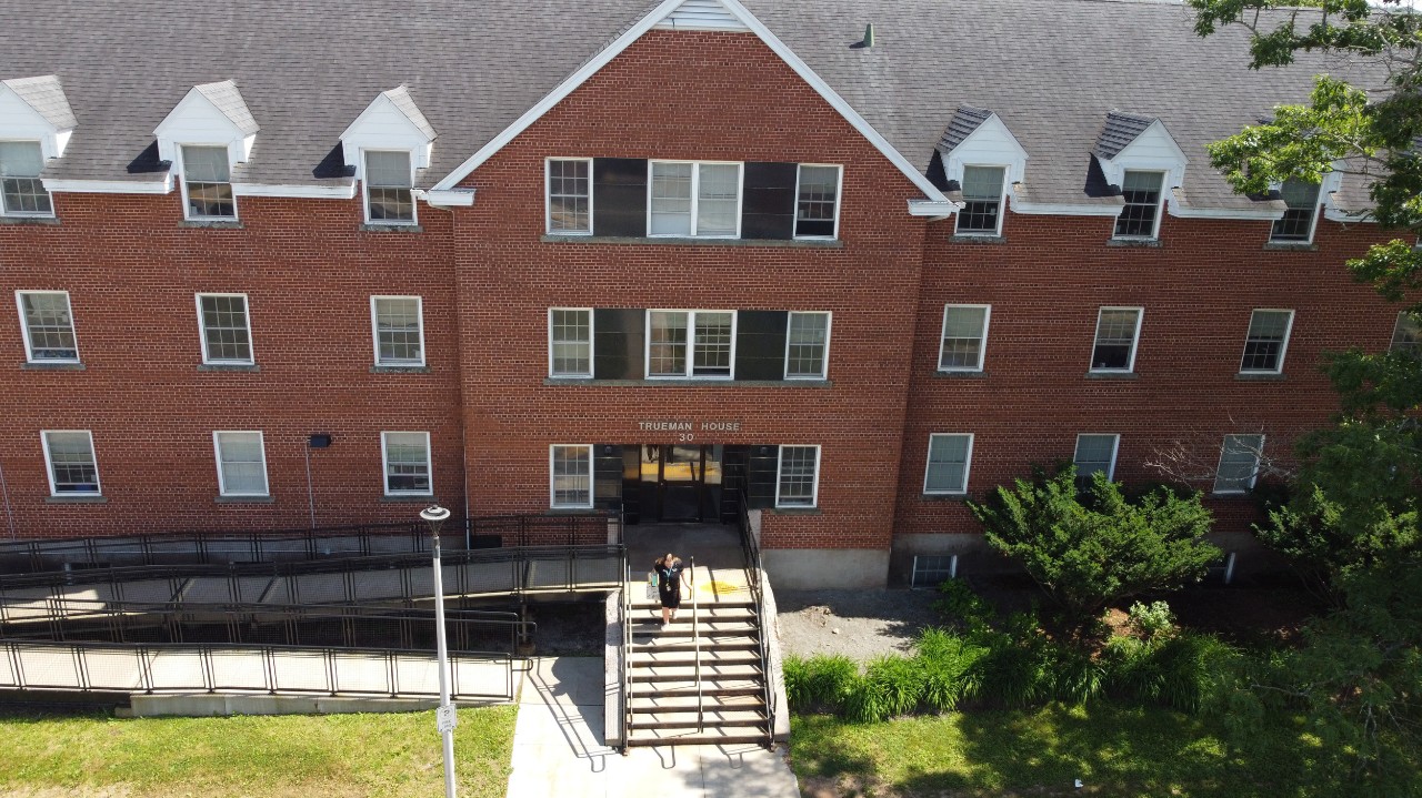 The red brick front of Trueman House as seen from an aerial photo