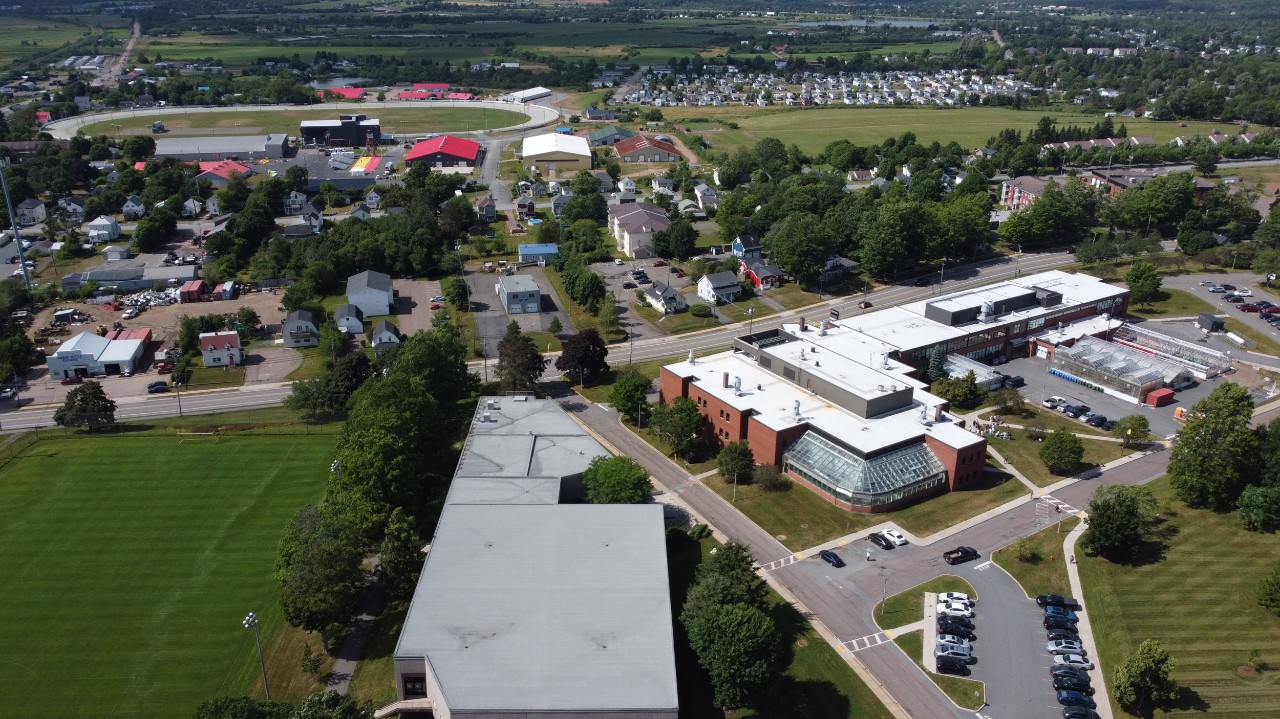 An aerial photo of the Cox Institute and Langille Athletic Centre