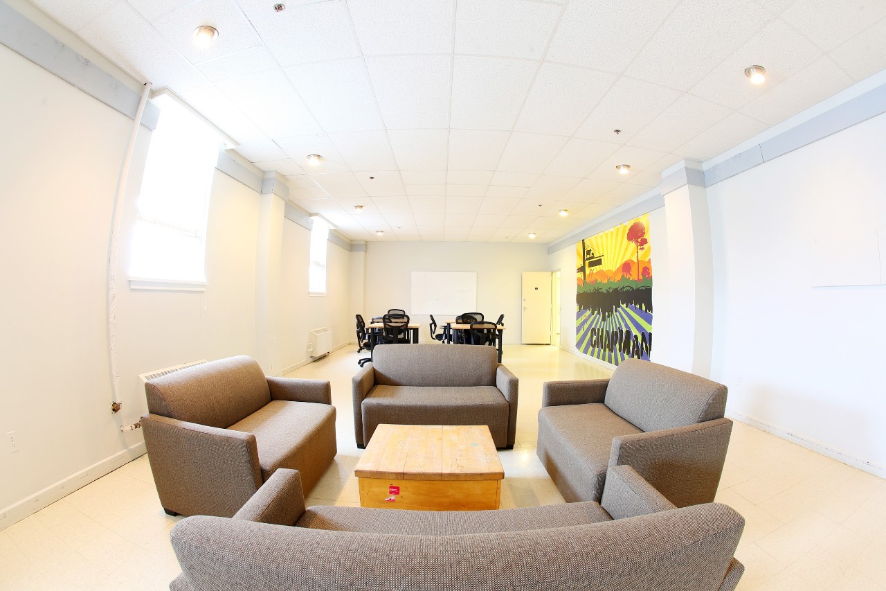 The study lounge in Chapman House, with a brightly painted farm mural, table and chairs, and brown-grey sofas. 