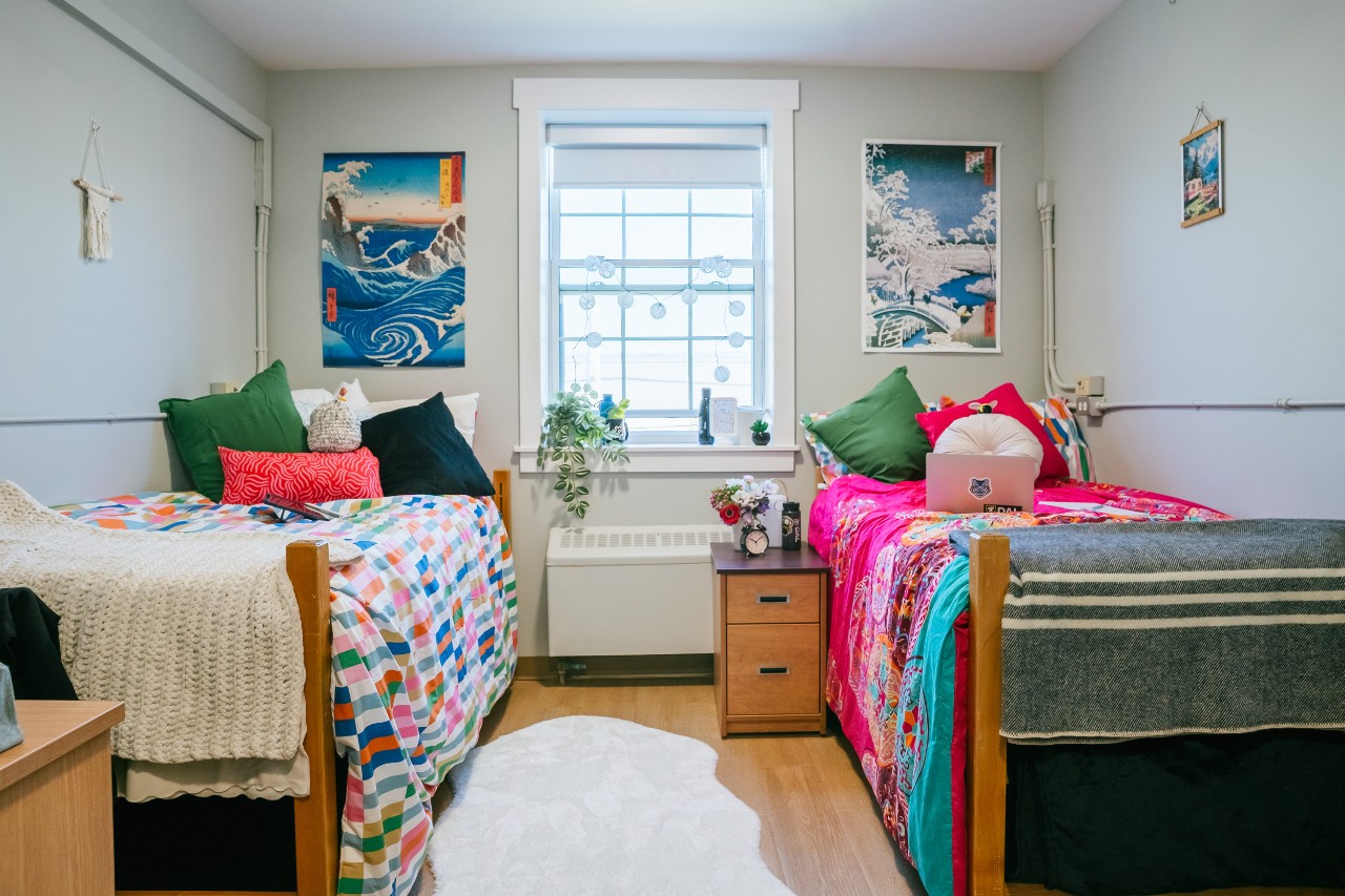 A double room in Fraser House, with brightly coloured blankets on the beds and posters on the walls.