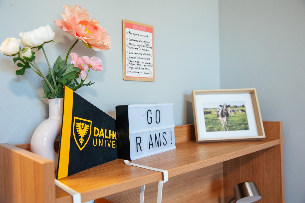 A closeup of a desk hutch with some personal decorations.