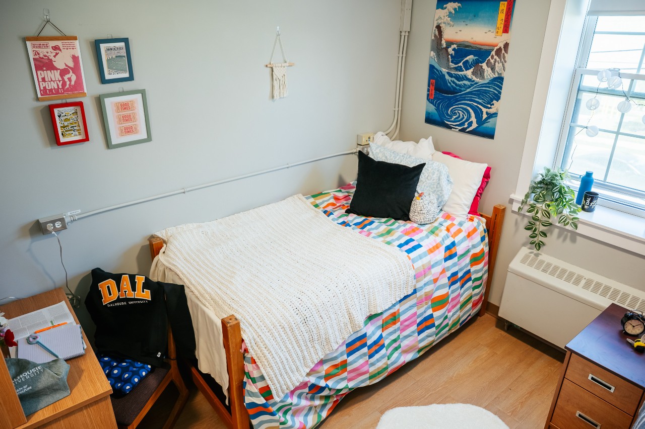A double room in Fraser House, with brightly coloured blankets on the beds and posters on the walls.