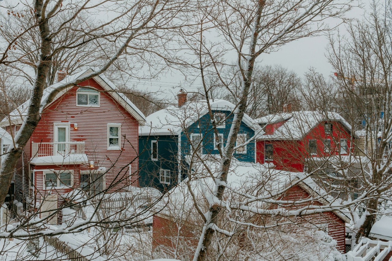 Brightly coloured houses in a typical Halifax neighbourhood in the winter, with snow on the trees and houses