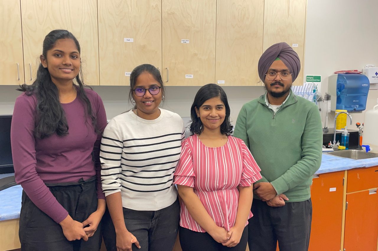 Subhiksha Jayakumar, Swedha Madhu and Joshita P.S. Kumar are shown in the lab with their supervisor Dr. Gurpreet Singh Selopal