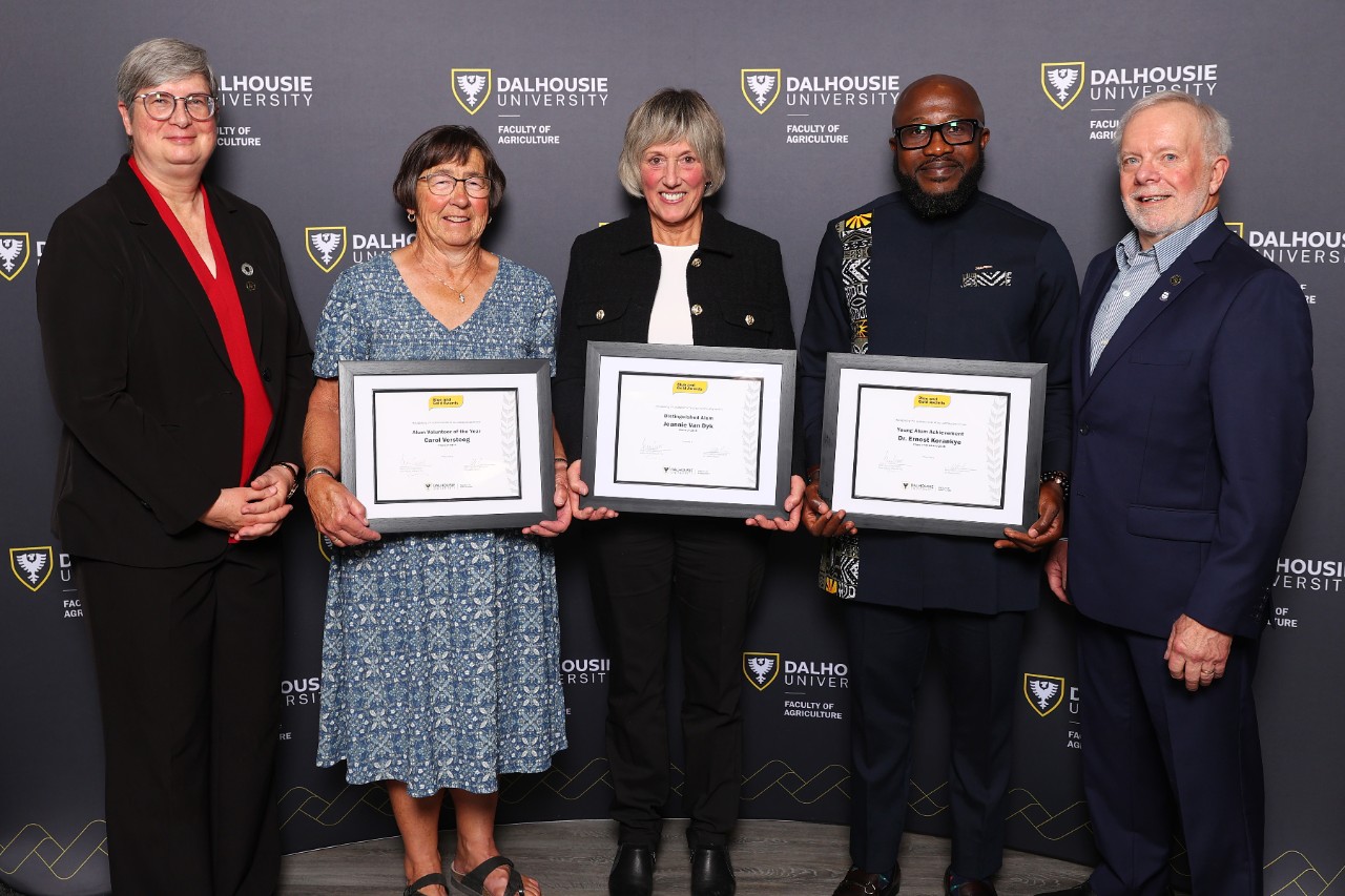 three award winners holding their framed awards 