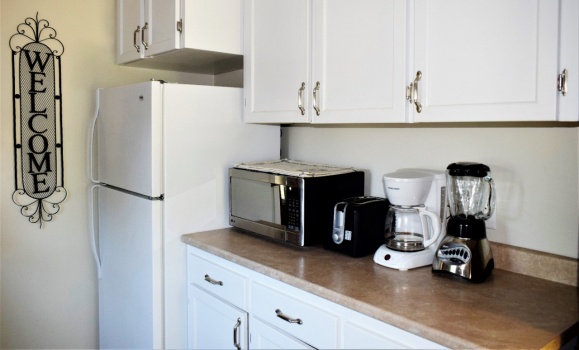 Kitchen counter and fridge with kitchen appliances