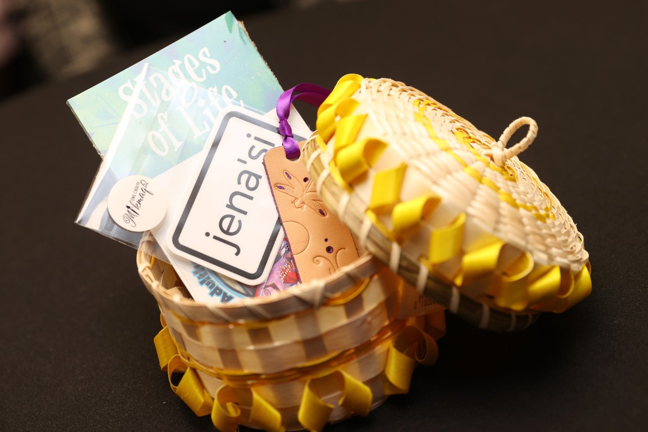 A hand made basket of items including stickers and keychains