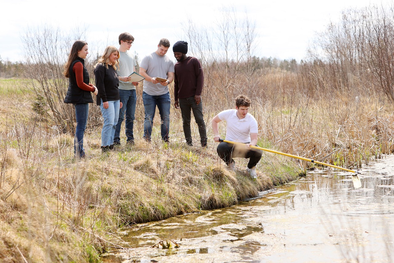 five students by a brook looking at data while one collects a sample