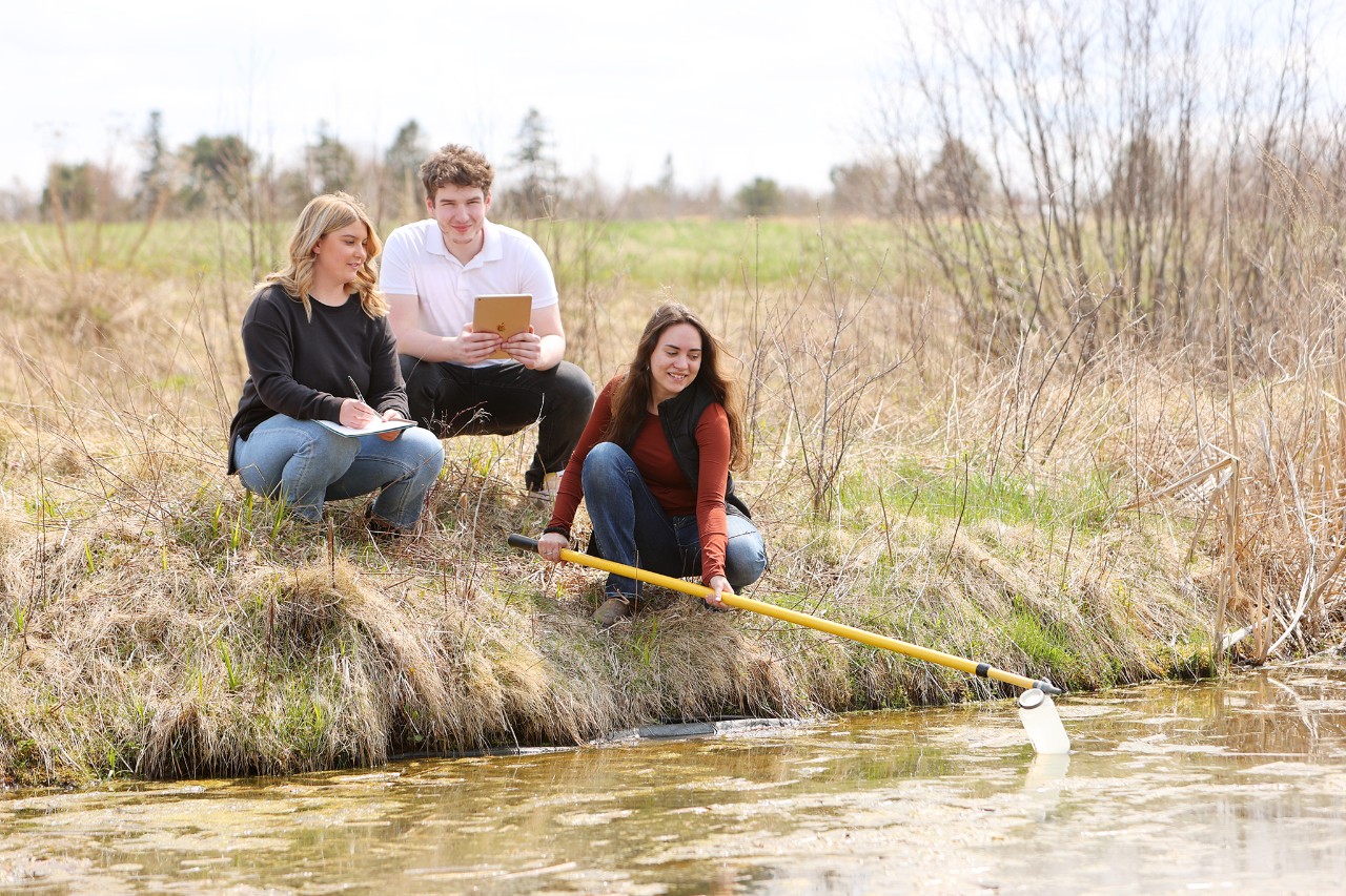 Three ag students knell next to a brook taking water samples.
