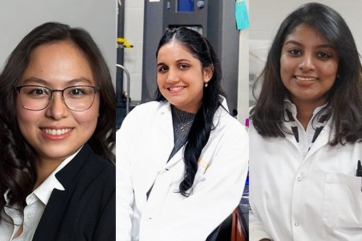 A composite image of three female presenting researchers in laboratory environments.