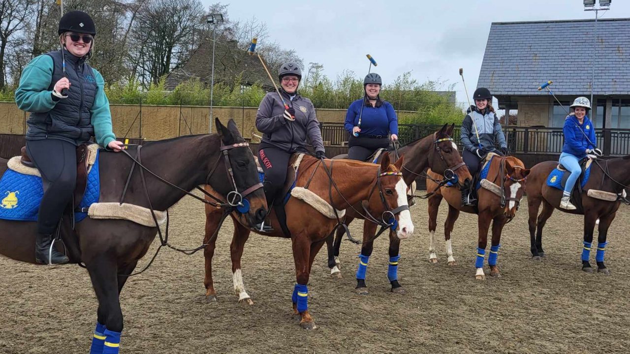 Five female-presenting students sitting atop brown horses. They are all holding polo mallets and wearing riding helmets.