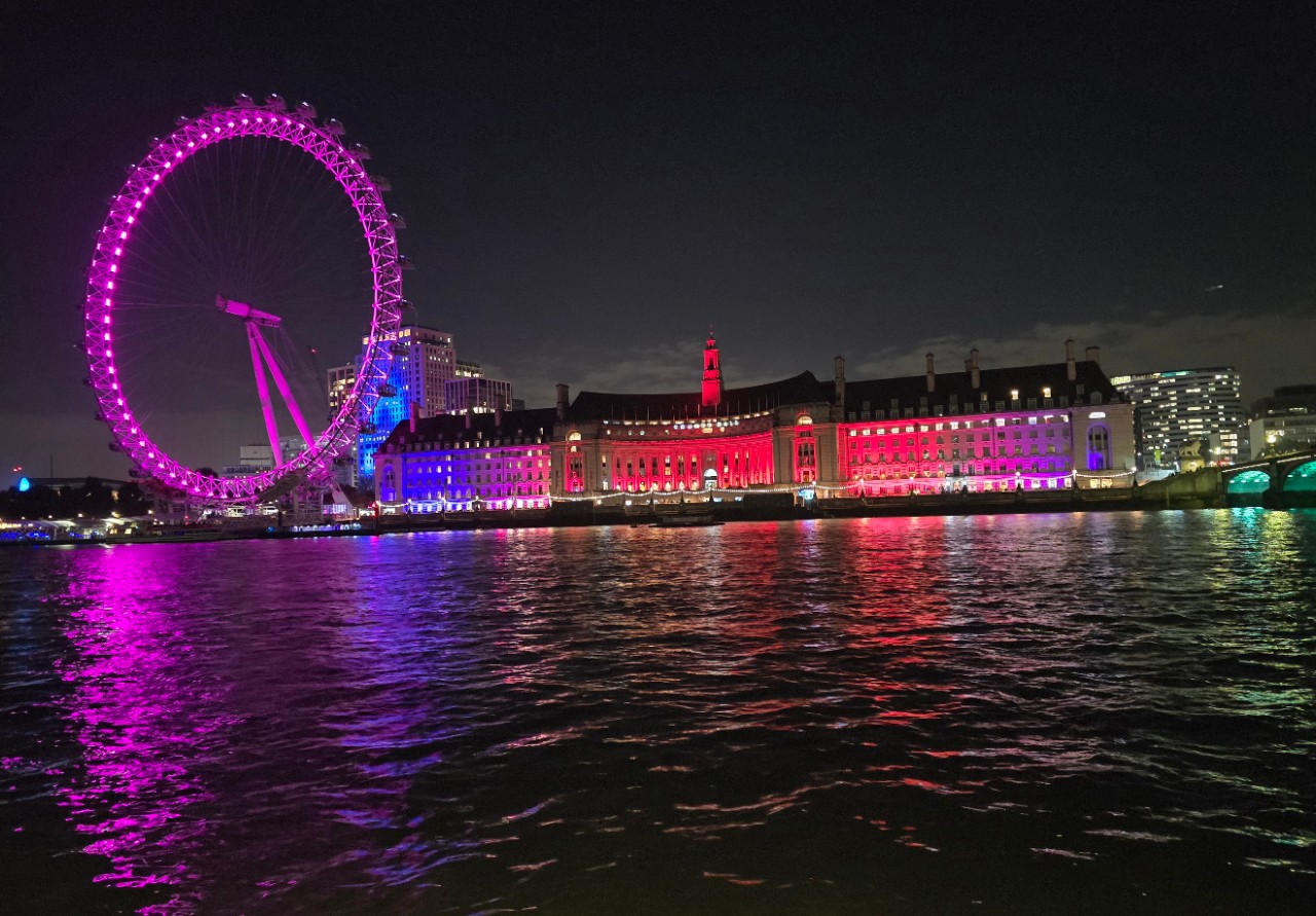 A view of the London Eye and the waterfront taken from the shore