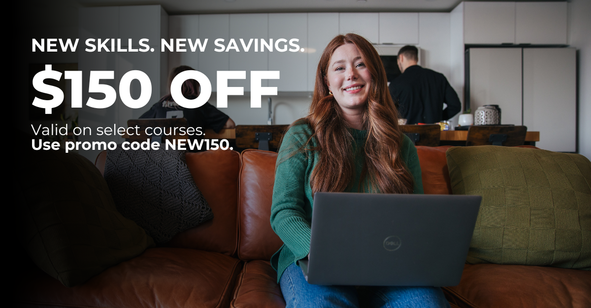 smiling woman with long red hair using a laptop on a leather couch, with bold text offering $150 off select foundational courses.