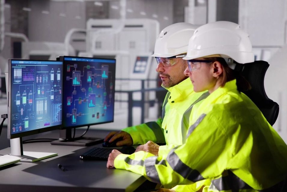 Two engineers wearing safety jackets and white hard hats sit at a desk looking at two computer monitors.