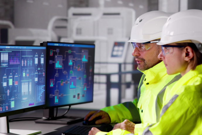 Two engineers wearing safety jackets and white hard hats sit at a desk looking at two computer monitors.