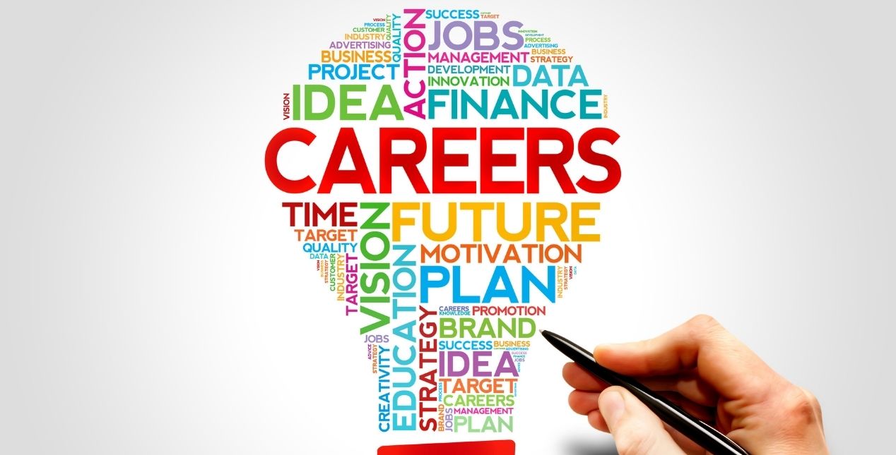 A group of career development and learning words in the shape of a lightbulb