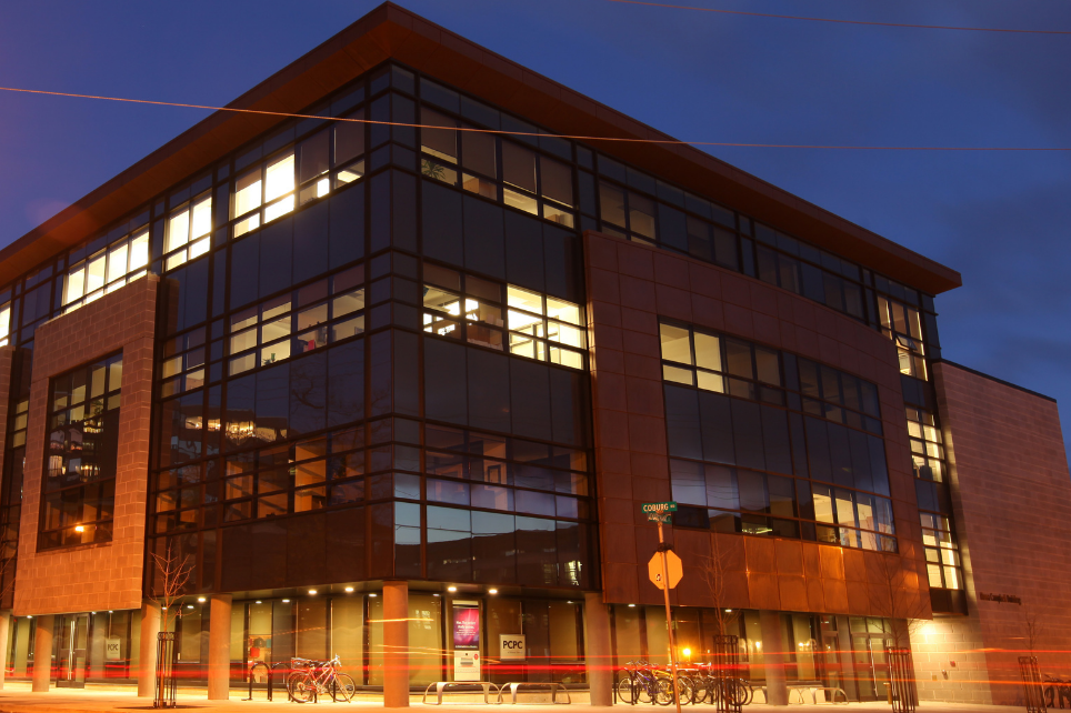 Modern building at night.