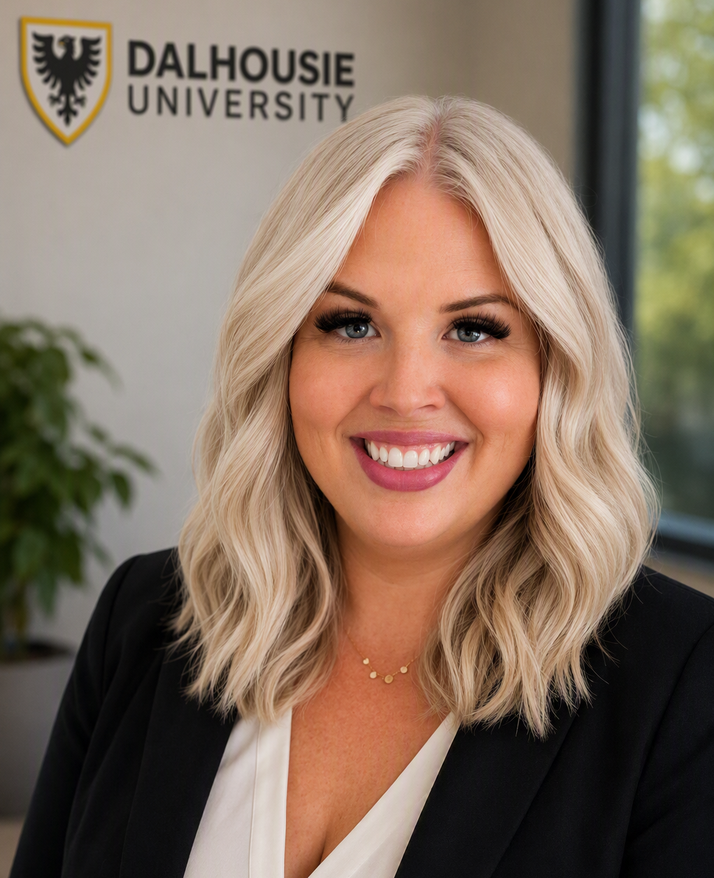 Headshot of a smiling woman with wavy blonde hair in a black blazer, standing in front of a wall with the Dalhousie University logo.
