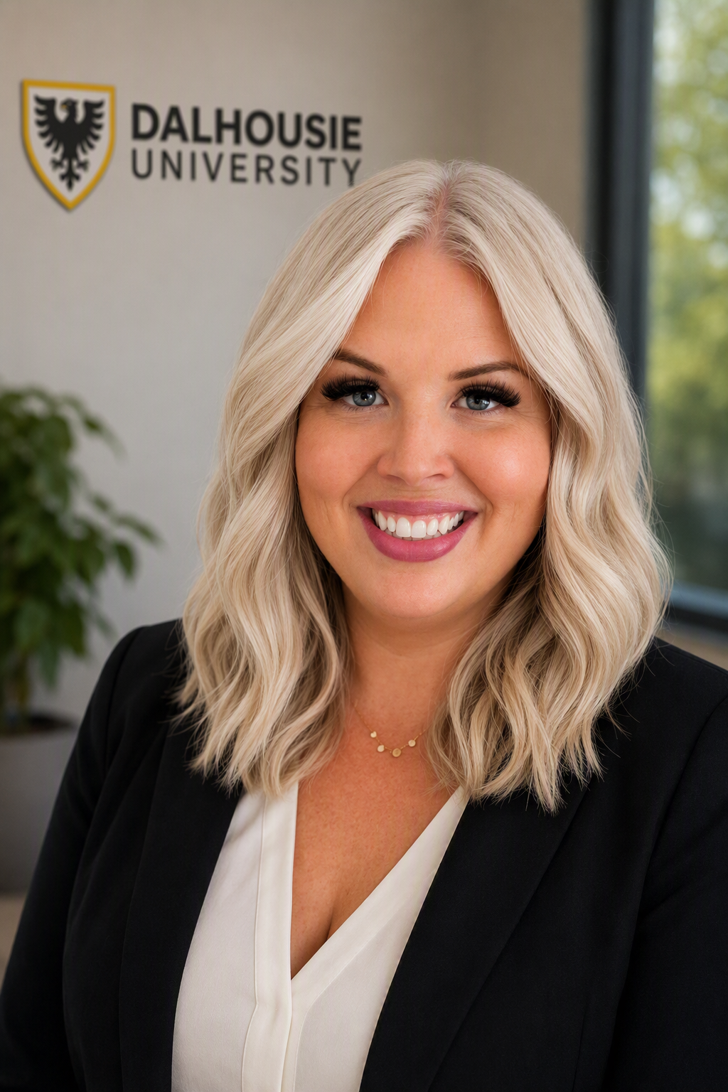 Headshot of a smiling woman with wavy blonde hair in a black blazer, standing in front of a wall with the Dalhousie University logo.