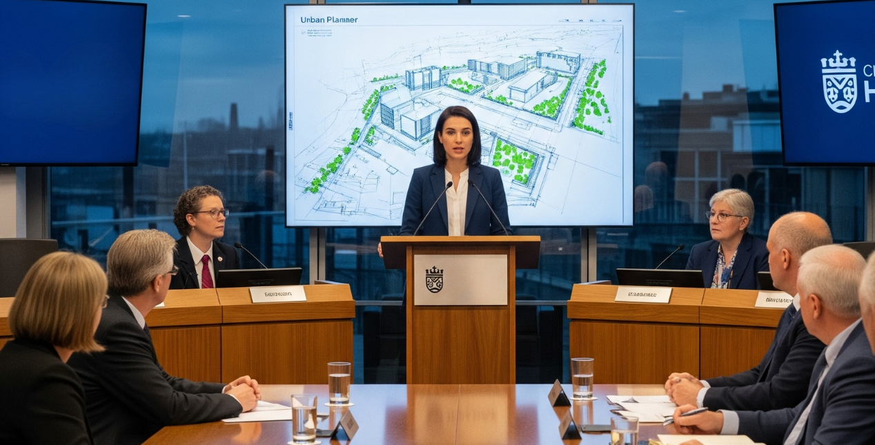 A woman standing a podium leading a municipal government meeting.