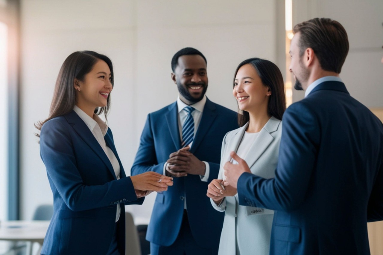 Business professionals standing and talking