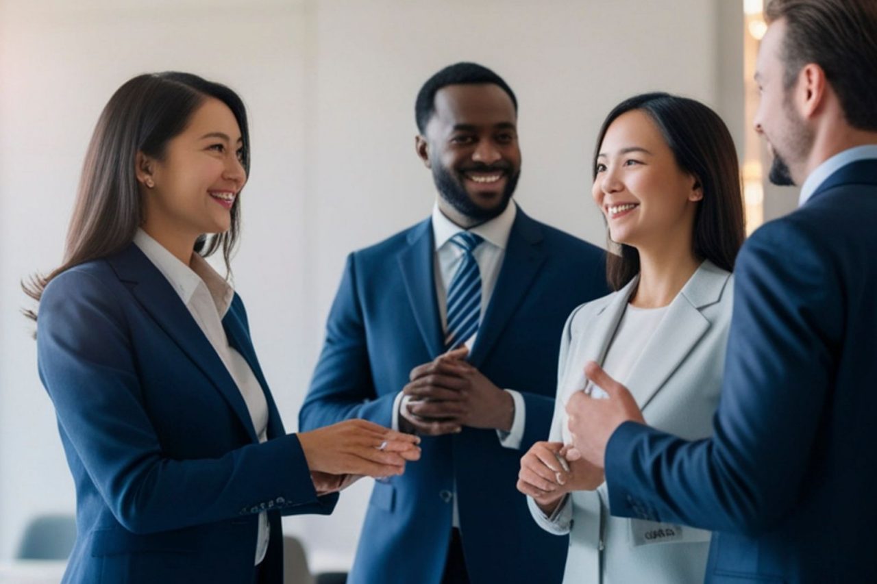Business professionals standing and talking