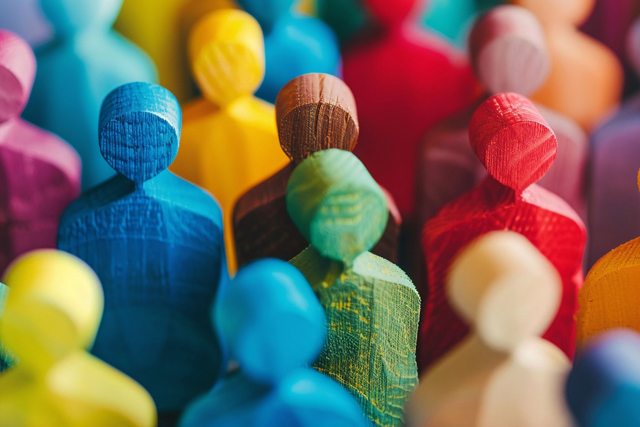 A large group of brightly coloured wooden objects in the shape of abstract humans.