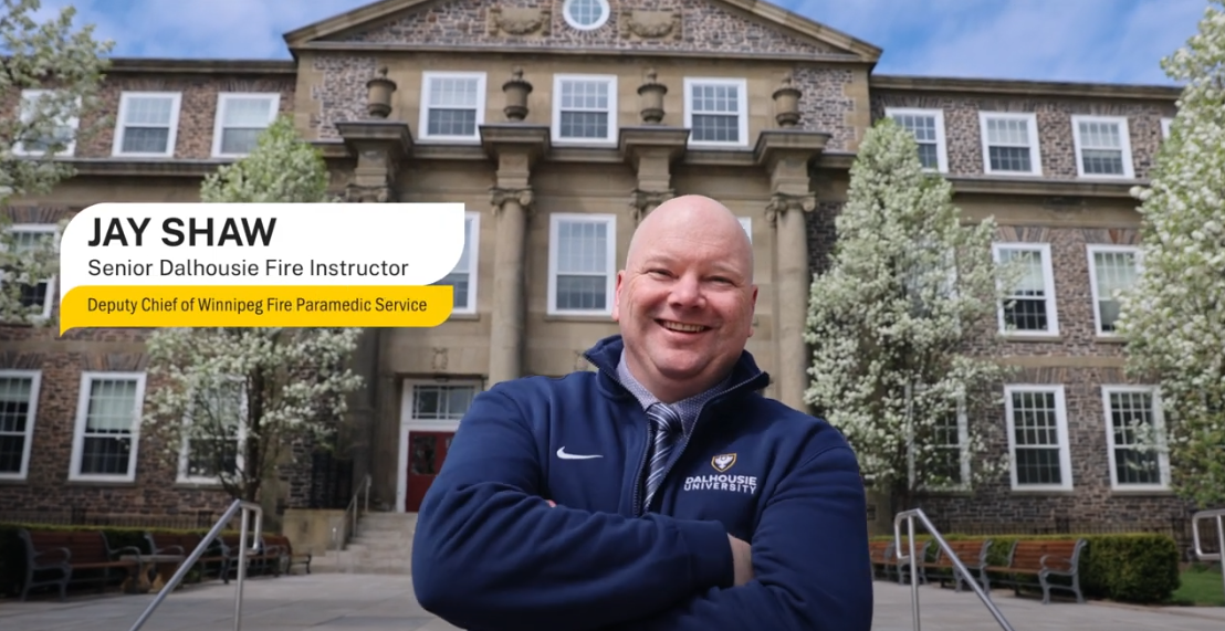 Jay Shaw, Senior Fire Instructor, standing infront of Dalhousie University.