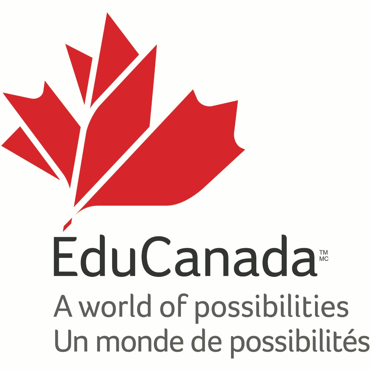 Stylized version of a red maple leaf, with the words "EduCanada: A world of possibilities" below it.