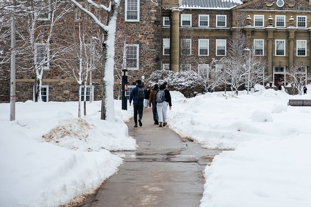 Henry Hicks building and the Studley Quad in the snow