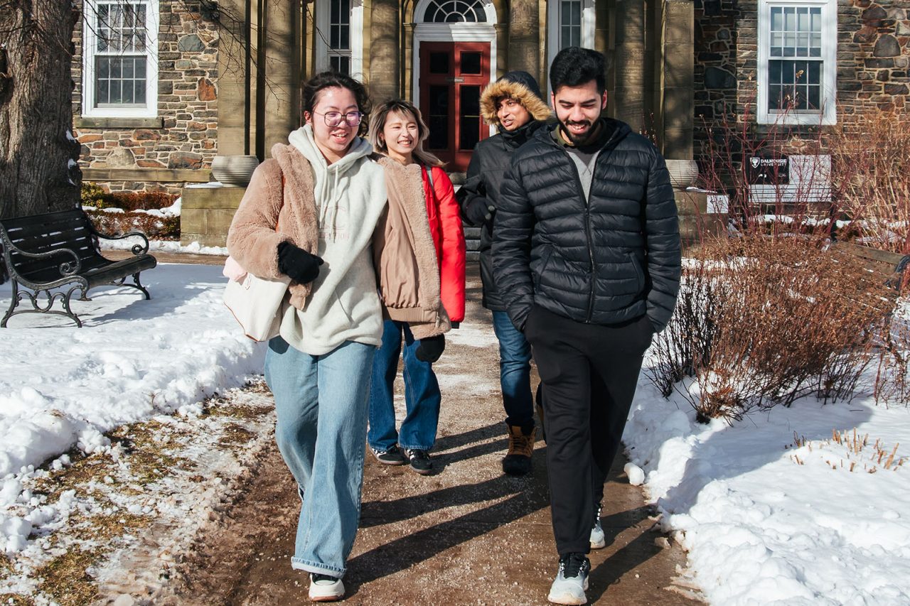 Students walking on the Dal campus in the winter