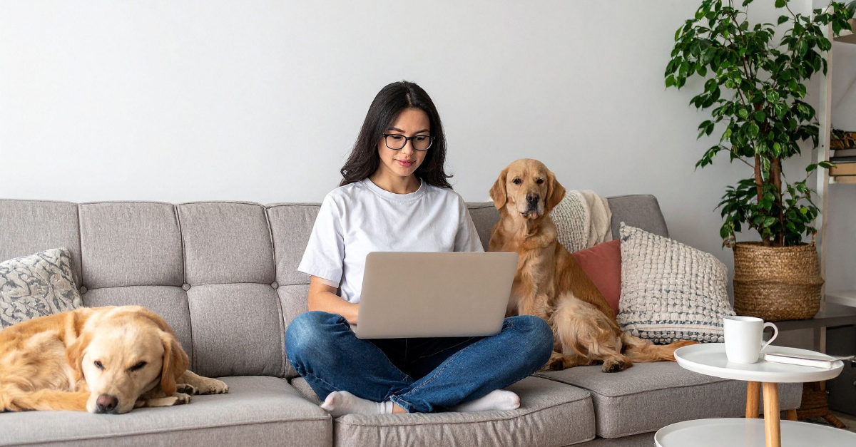 A woman sitting on a couch working on a laptop with two dogs beside her