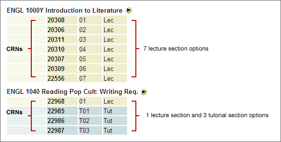 Screenshot of the timetable with CRNs bracketed in red.