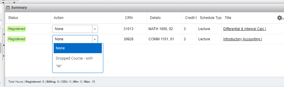 Screenshot demonstrating how to drop a course using Dal Online.