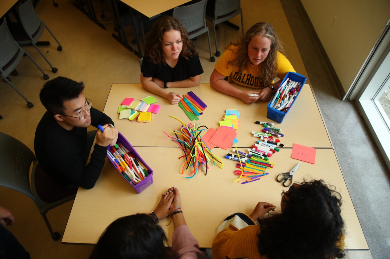 Shot from above of groups of arts students sitting at a table working together