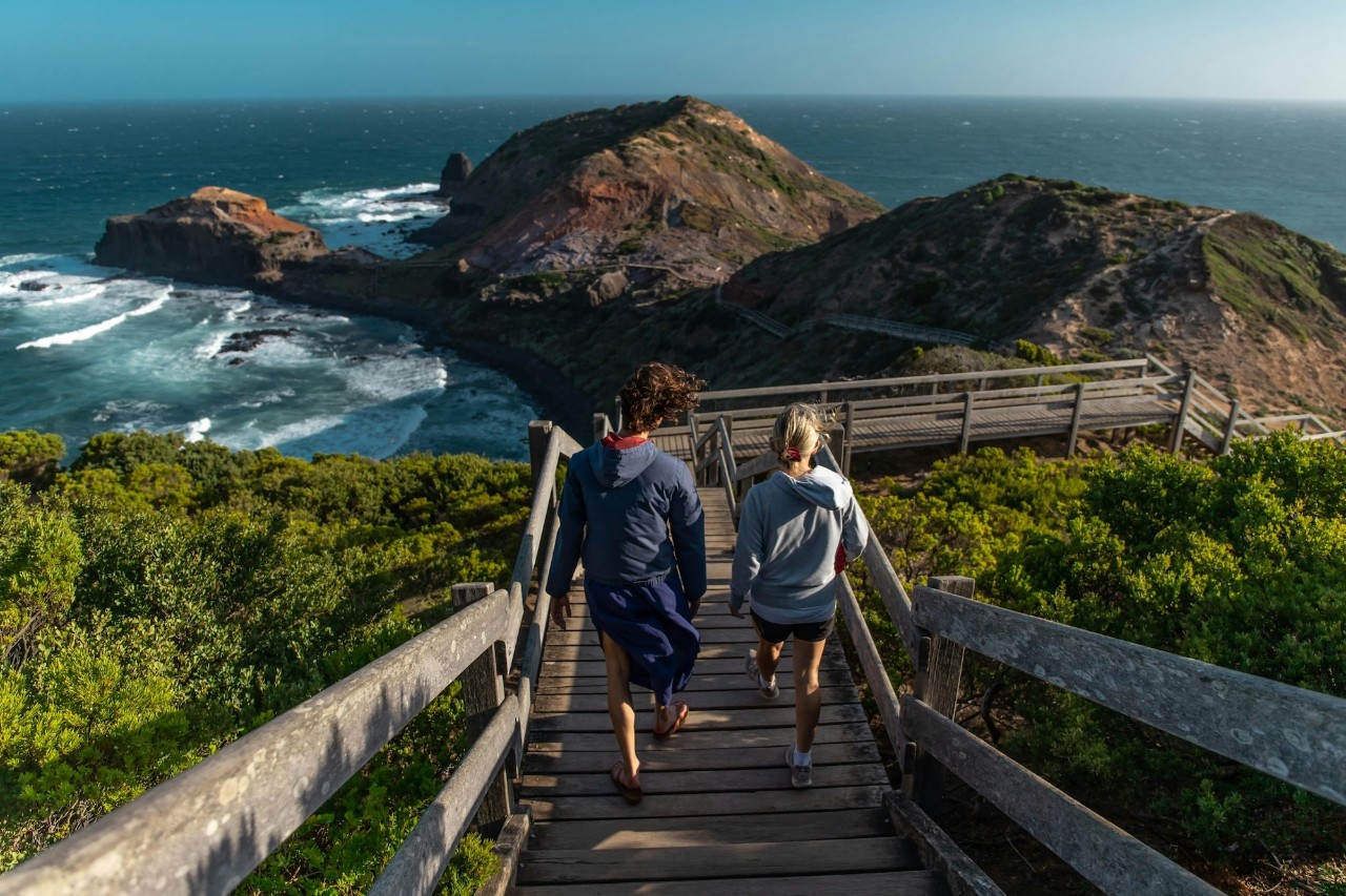 Two young people walk down a long wooden staircase towards green-covered rocks on the sea coast.