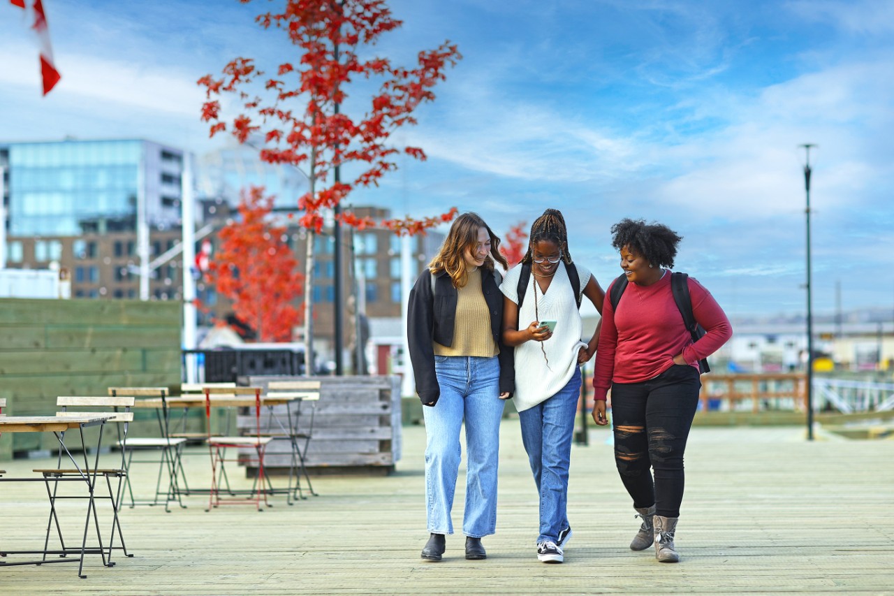 Three students on Halifax waterfront in the fall